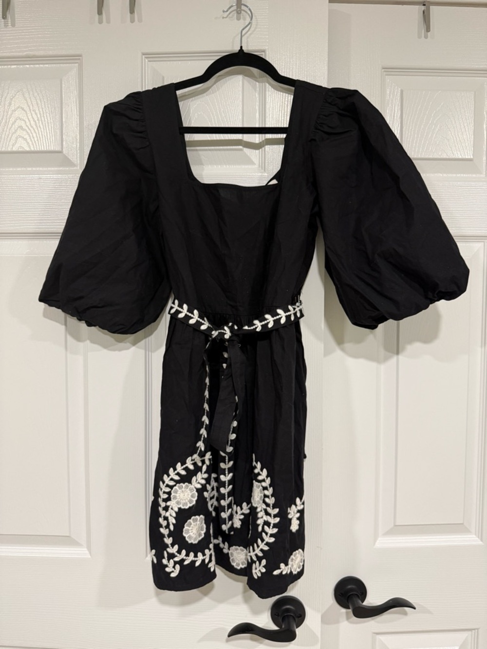 Mango Black Mini Dress with Puff Sleeves & White Floral Embroidery